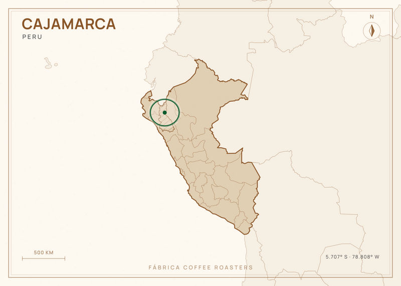 Map of Peru, with Cajamarca marked — where this coffee grows