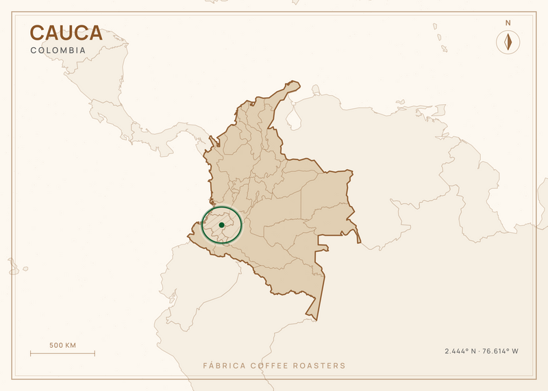 Map of Colombia, with Cauca marked — where this coffee grows