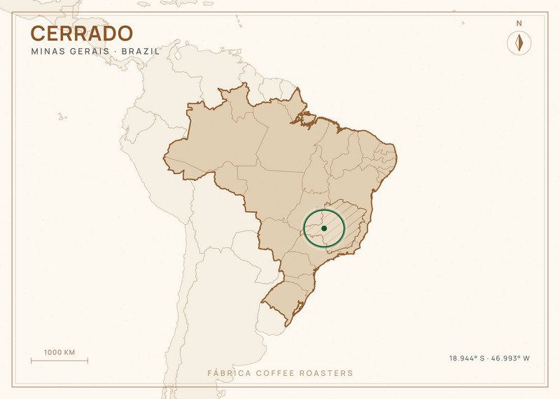Map of Minas Gerais, Brazil, with Cerrado marked — where this coffee grows