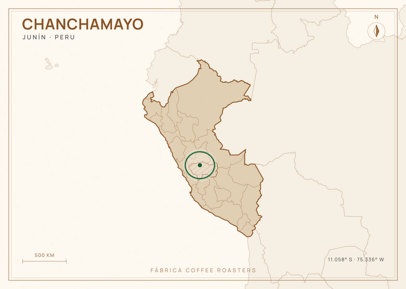 Map of Junín, Peru, with Chanchamayo marked — where this coffee grows