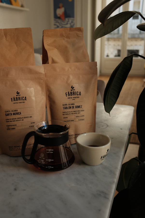 Fabrica coffee bags on a marble surface with a cup and plant leaves.