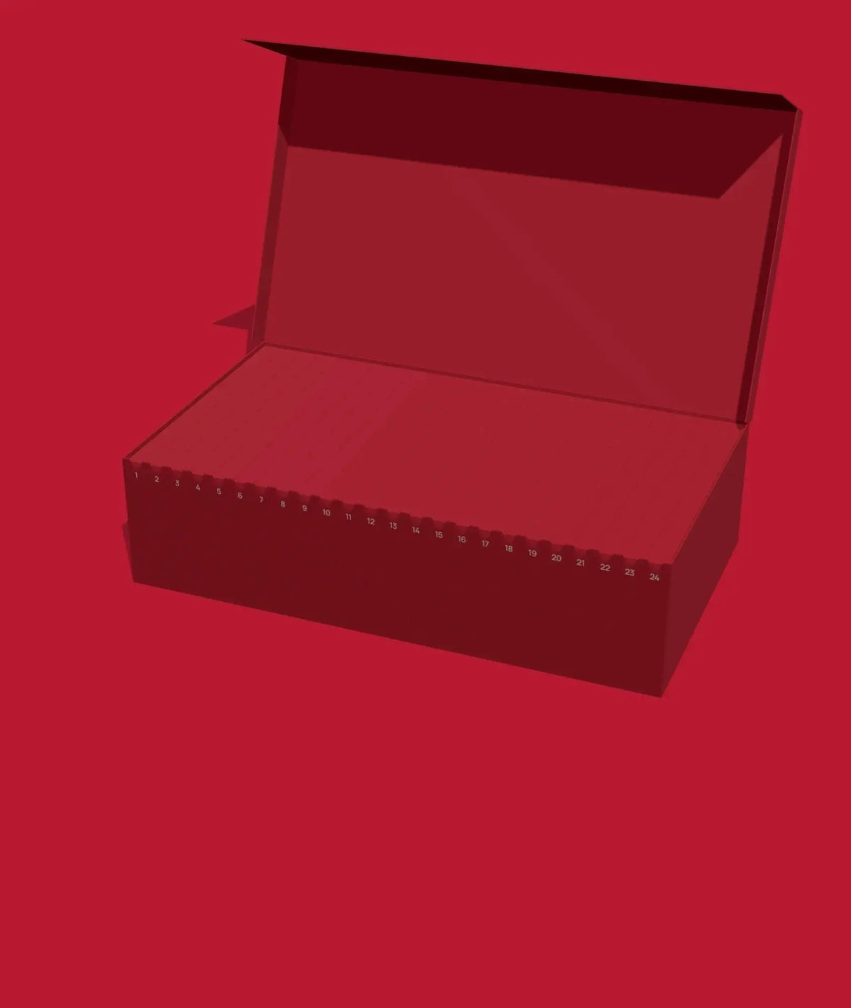 The gift box open, the 24 boxes standing in a row, Day 1 on the left