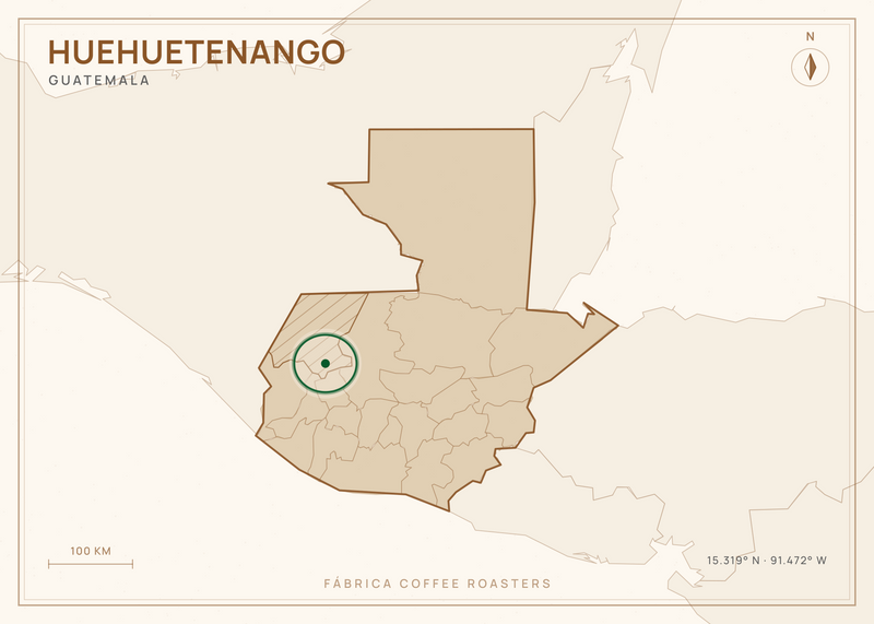 Map of Guatemala, with Huehuetenango marked — where this coffee grows