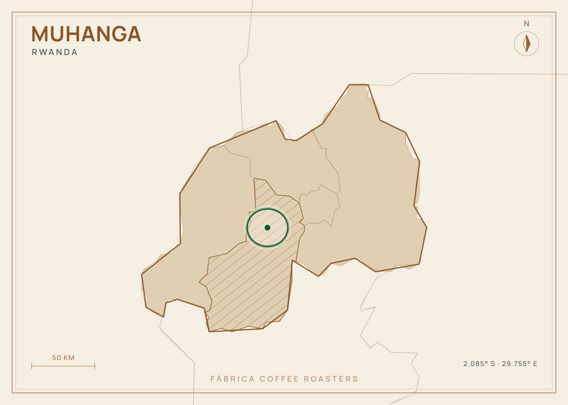 Map of Rwanda, with Muhanga marked — where this coffee grows