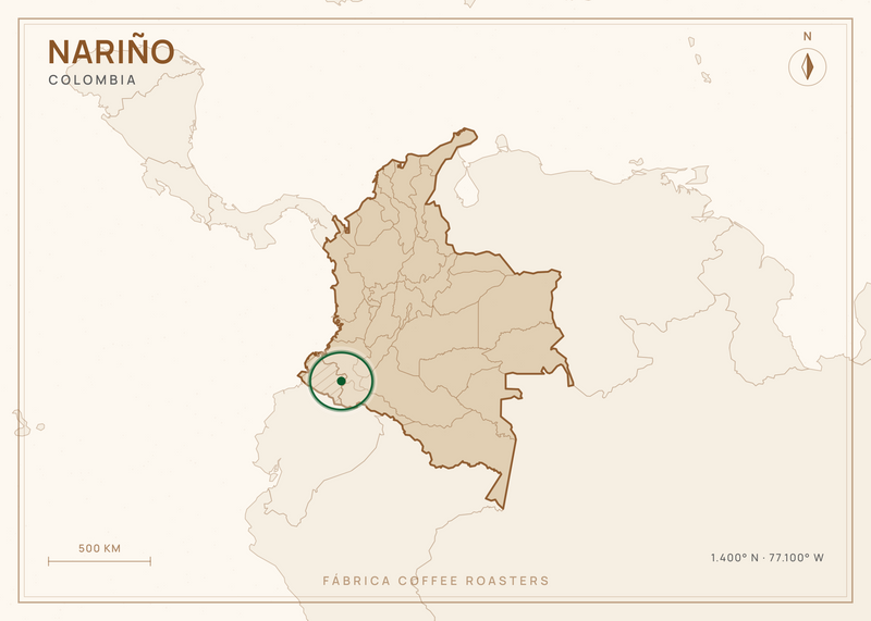 Map of Colombia, with Nariño marked — where this coffee grows